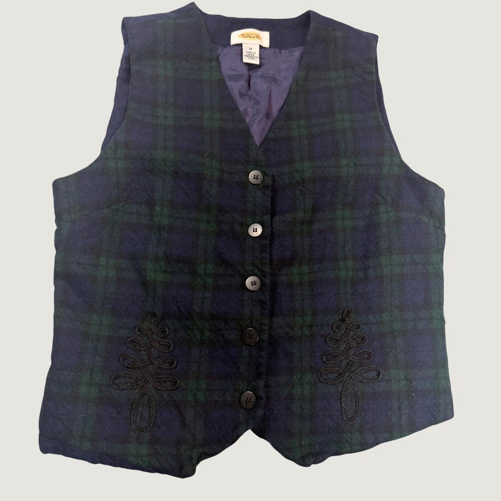 1990's Wool blend Talbots Plaid Vest Womens M Navy Blue Green